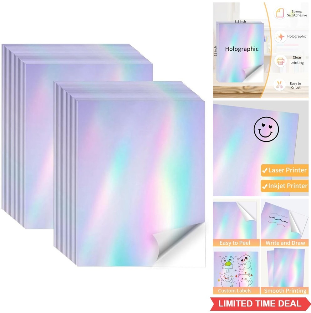Holographic Sticker Paper 50 Sheets 8.5×11 Printable Vinyl for Inkjet Laser