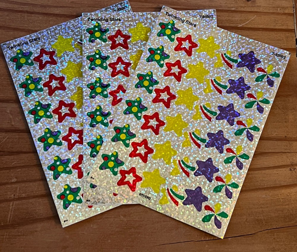 STARS 3 sheets Sparkly Colorful Pattern Scrapbook Stickers!