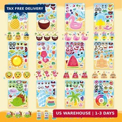 24 Sheets Summer Stickers, Make a Face Sticker for Kids, Hawaii Tropical Pool Be