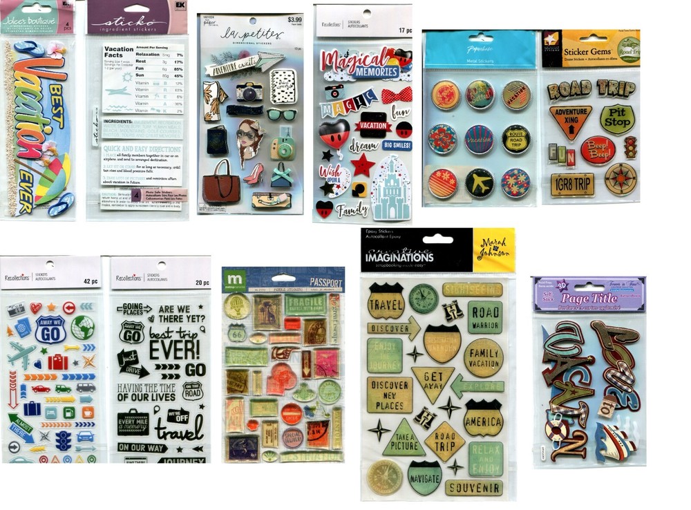 Lot of 11 Travel & Vacation scrapbook stickers – Jolees, Sticko, Recollections