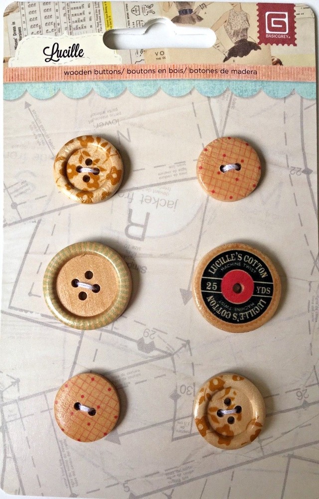 Basic Grey Lucille collection – Wooden Buttons with a Sewing Theme – NEW