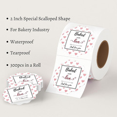 Baked with Love Stickers Roll | Scalloped Cut | Waterproof | 2 Inch | 300 Labels