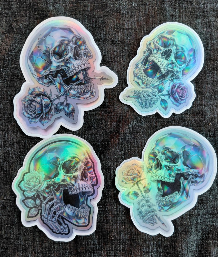 Holographic Gothic Skull and Rose Stickers | Die-Cut | Set of 4