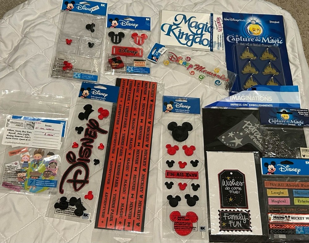 Large Lot Disney Mickey Mouse Park Embellishments Stickers Charms Ribbons NEW
