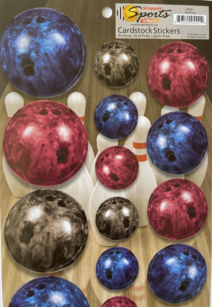 BOWLING Card-Stock Stickers (19pc)Scrappin’Sports•Balls•Lane •Pins•Strike•Player
