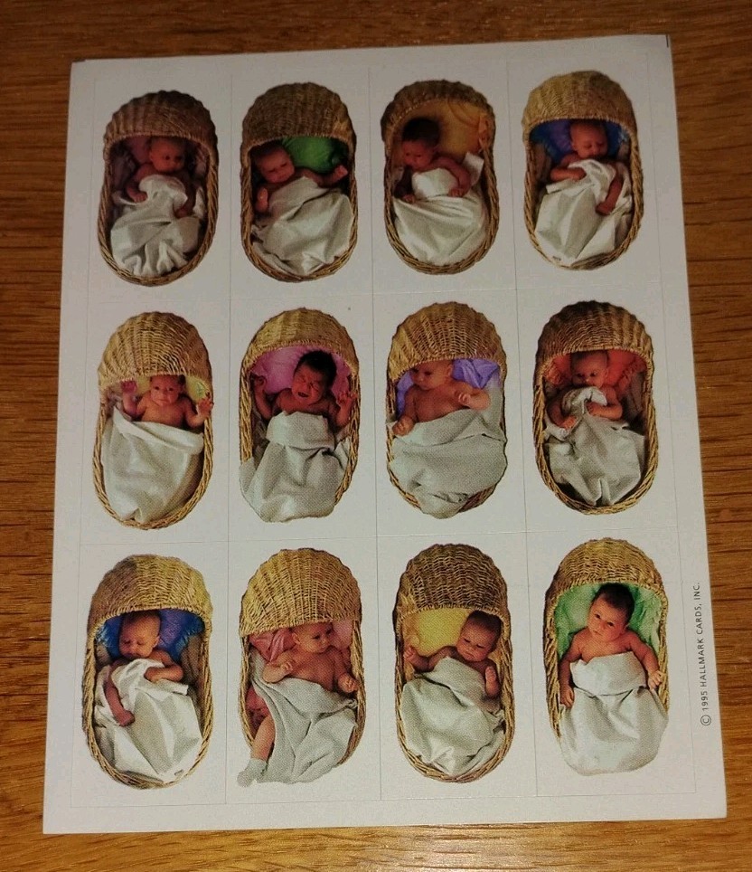 Anne Geddes Babies Sticker Sheet Baby Bassinet 12 Stickers Vintage 1995 Hallmark