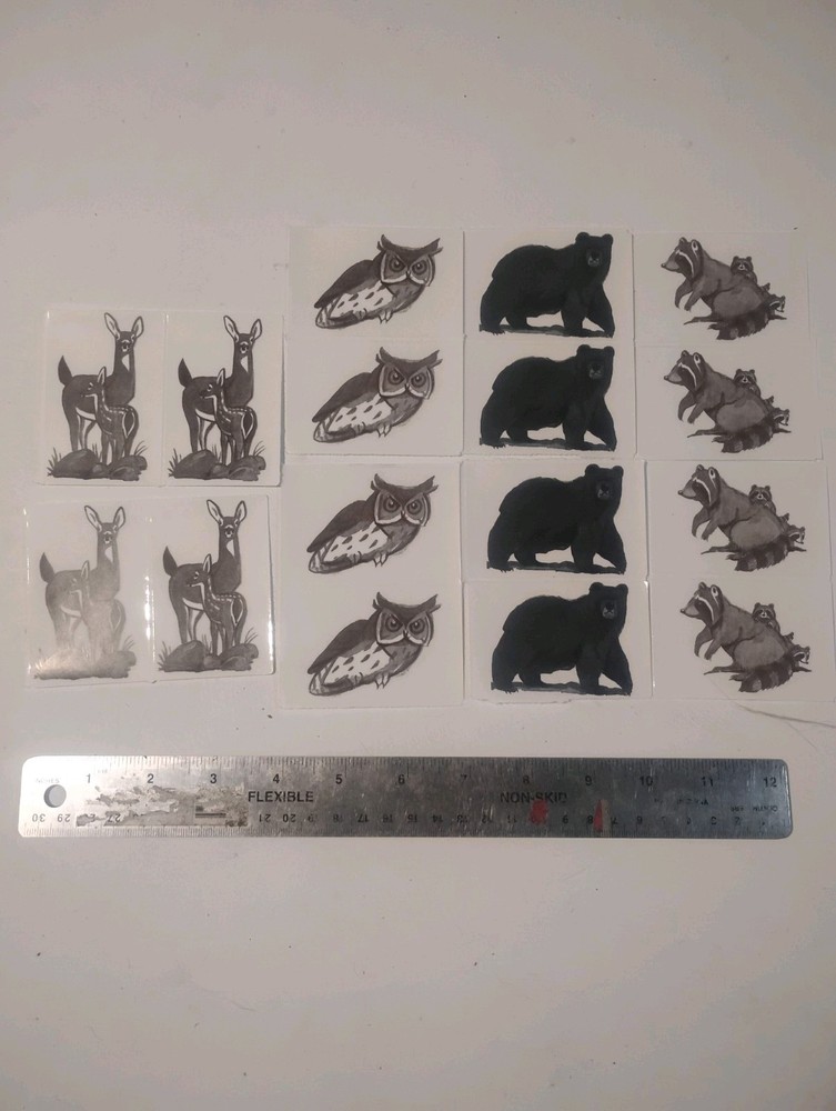 Woodland Animal Sticker Lot Sheets – Deer Owl Bear Raccoon, Black Gray White