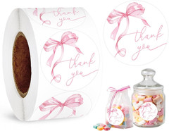 500Pcs Pink Bow Thank You Stickers Coquette Watercolor Bowknot Paper Label Decal