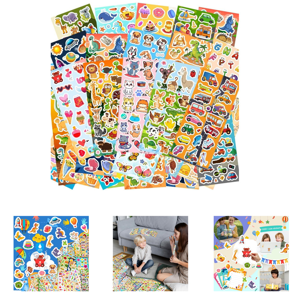 48 Sheets Kids Stickers Pack, Cute Animal Car Dinosaur Fishes Hearts Stars