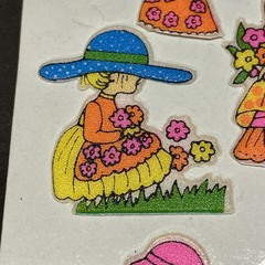 Vintage 1970s 1980s Puffy Stickers Prairie Girls in Bonnets Hats Flowers Boho