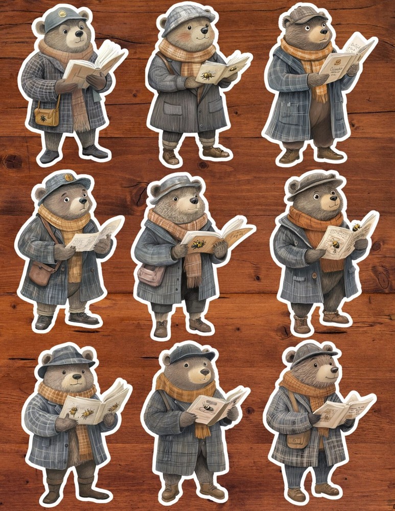 Bear Reading Book Die Cut Vinyl Stickers Set Scrapbooking Laptop Waterbottle
