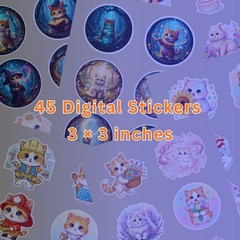 45 Cute Kawaii Cat Digital Stickers – Printable Digital Download | 3×3 Inch