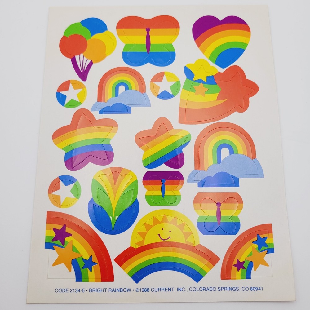 Vintage 80’s Current Bright Rainbow Stars Butterflies Hearts Sticker Sheet 1988