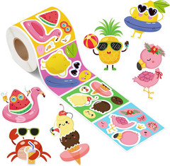 300Pcs Summer Face Stickers Roll Watermelon Pineapple Flamingo DIY Crafts