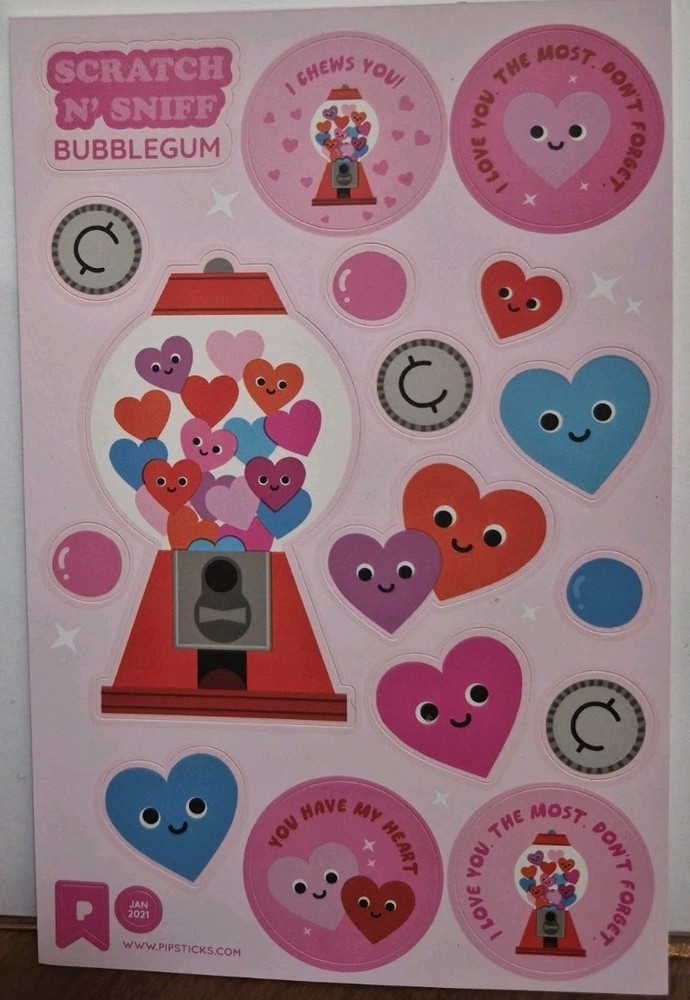 Pipsticks Scratch and Sniff Stickers «Bubblegum»Scent Jan 2021, Valentine Theme