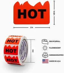 500 Caution Hot Stickers – 2×1.25 Inch Fluorescent Red Orange Rave Labels