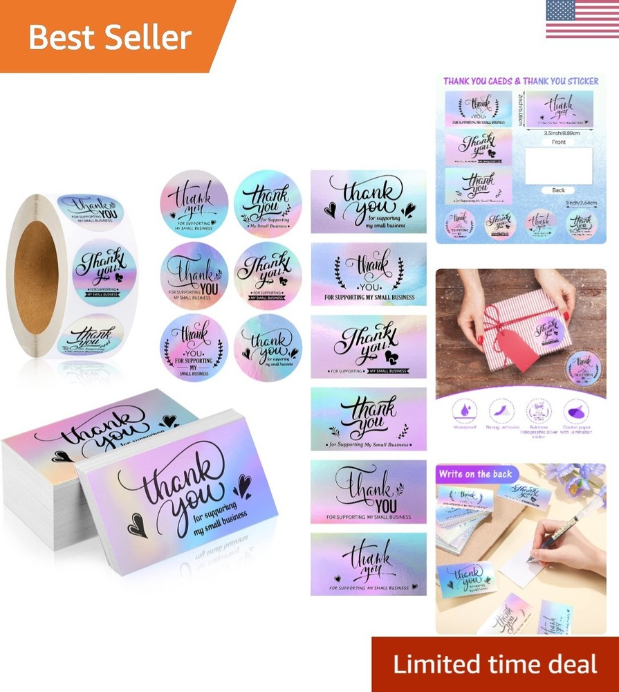 Versatile Holographic Thank You Cards & Stickers Set – 1120 Pcs for Business Use
