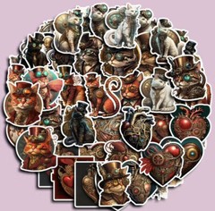 10pcs Steampunk Cat & Heart Stickers- Scrapbook, Journal, Diy Crafts & Cards