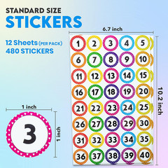 480 PCS Colorful Number Stickers 1–40 (1 Inch), Waterproof & Tear-Resistant Numb