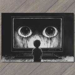 STICKER Girl Staring TV Set Haunted Eyes Look Child Black Horror Creepy Weird