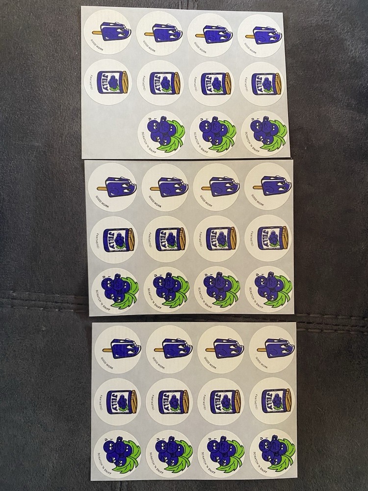 1980’s Vintage Scratch ‘N Sniff Grape Scent 3 Sheets-35 Stickers & Awards