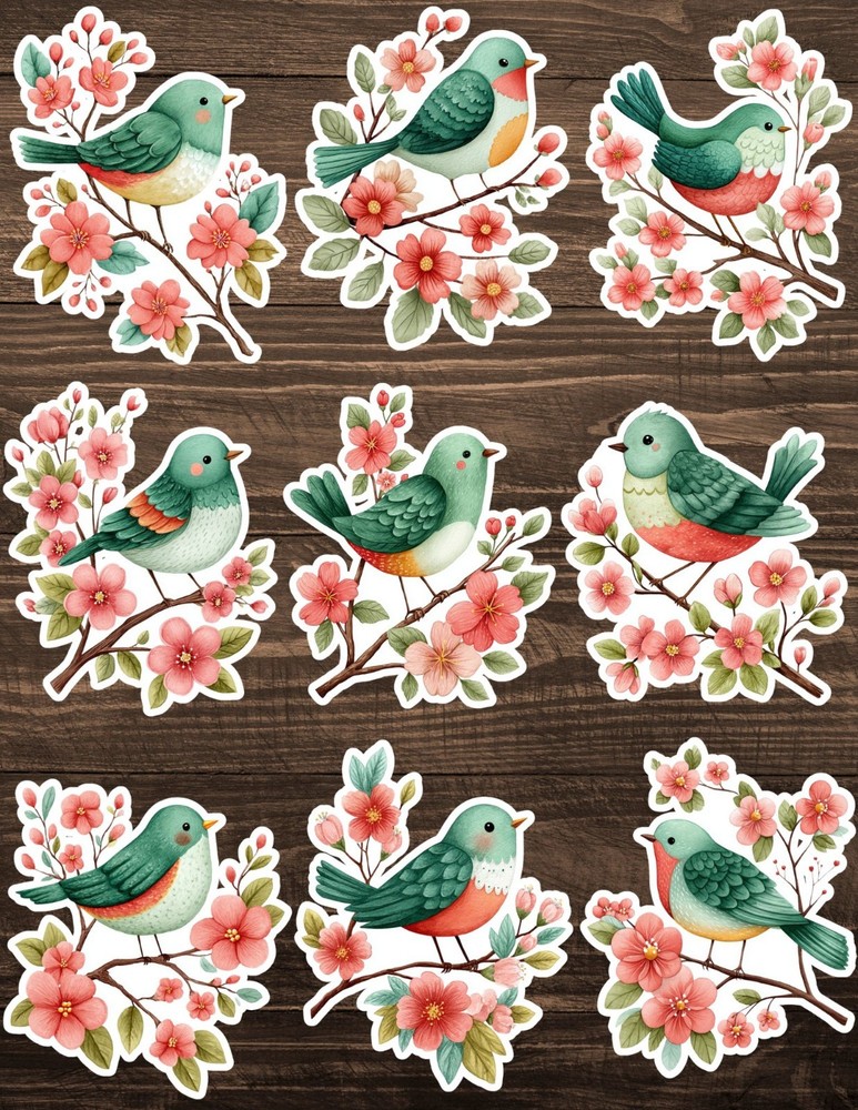 Cute Green Bird Vinyl Die Cut Stickers Set Scrapbooking Laptop Water Bottle