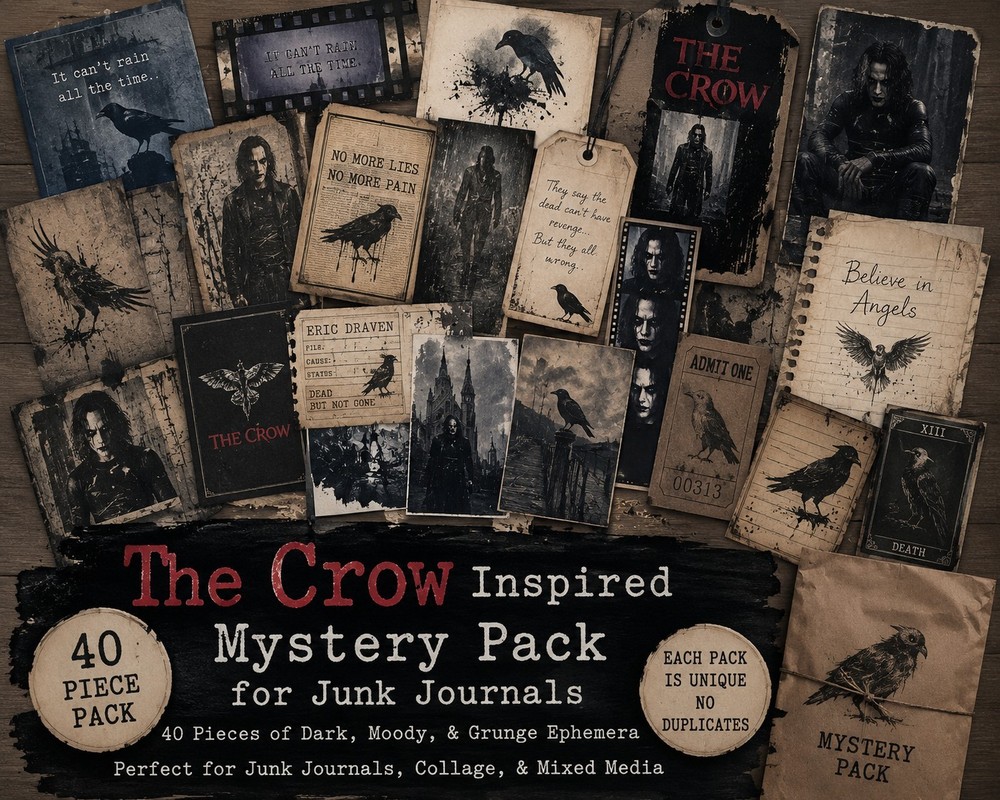 The Crow Inspired Mystery Ephemera Pack – 40 Pieces Gothic Junk Journal Supplies