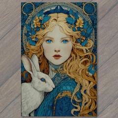 STICKER Blue Eyed Blonde White Rabbit Art Nouveau Floral Halo Ornate