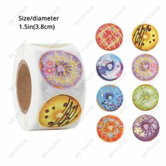 500pcs 1.5in 8 Designs Sweet Donut Stickers Round Shaped Chrome Paper For Bakery