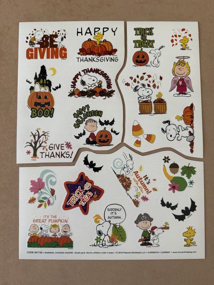 Charles Schulz Peanuts Snoopy Halloween Thanksgiving Sticker Sheet Large Format