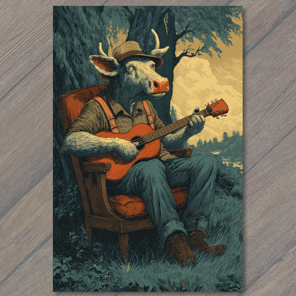 STICKER Cow Guitarist Hat Suspenders Country Western Funny Animal Music