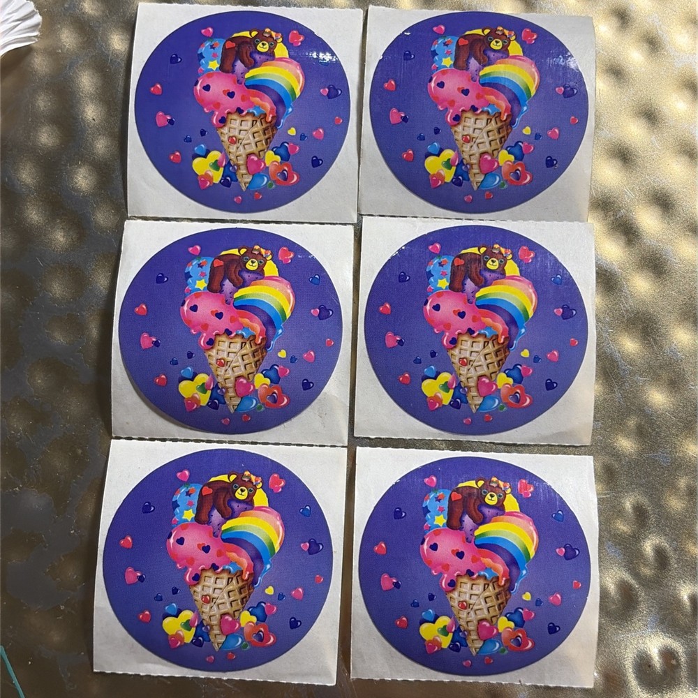 VINTAGE 80’S LISA FRANK GLOSSY BEAR ON RAINBOW ICE CREAM STICKER LOT OF 6