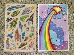 RARE VTG STICKERS CURRENT SPACESHIPS CLEAR RAINBOW STAR LARGE SCENERY SHEET 1984