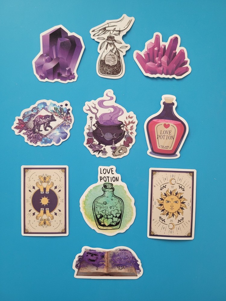 STICKERS x 10 Halloween Love Potion Witch Book Purple Crystal Vinyl Sticker HAL6