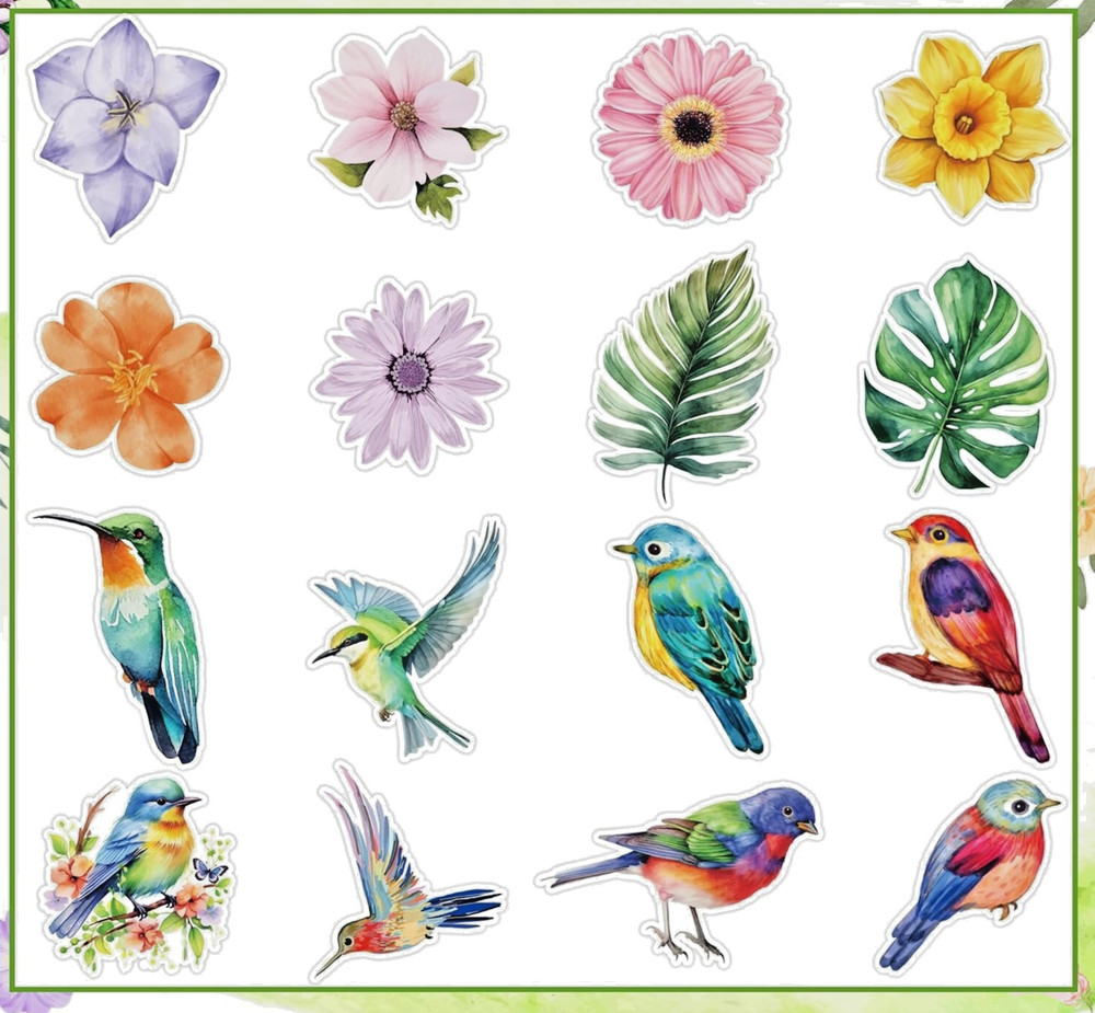 🌸32 Spring FLOWER & BIRD STICKERS Tropical daisy hummingbird bluebird bunting