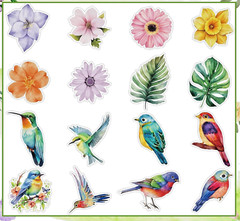 🌸32 Spring FLOWER & BIRD STICKERS Tropical daisy hummingbird bluebird bunting