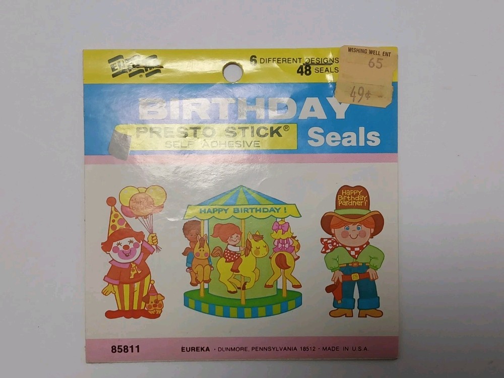 Eureka Vintage Happy Birthday Sticker Booklet Clown Cake Kitten Puppy