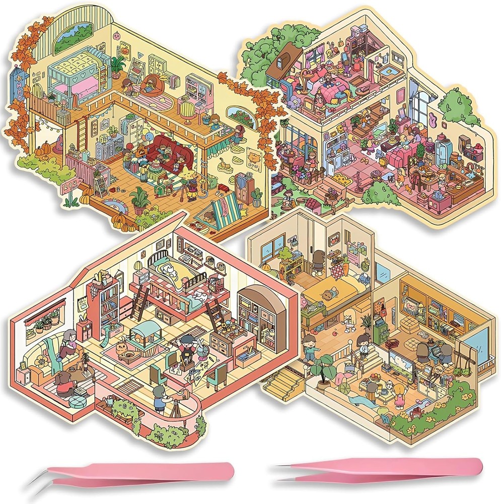 «4 Sets Big DIY 3D Sticker Scene Isometric Miniature Room Sticker Therapy for ..