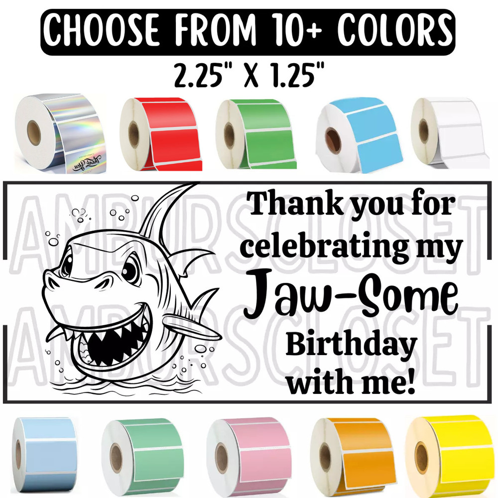 50 SHARK THEMED BIRTHDAY STICKERS 2.25″ LABELS SEALS KIDS PARTY FAVOR GIFT