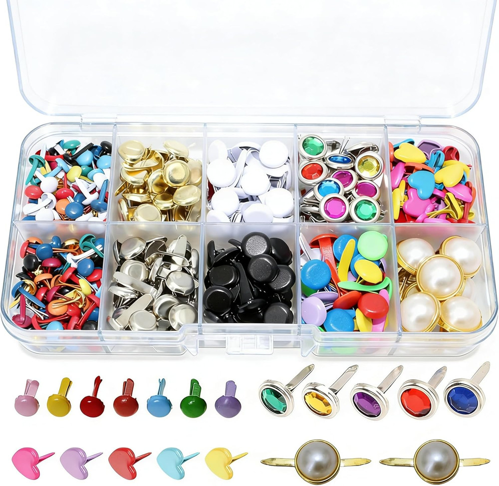 1Box(500Pcs) Multiple Styles Metal Brads Kit Mixed Color and Size Paper Fastener