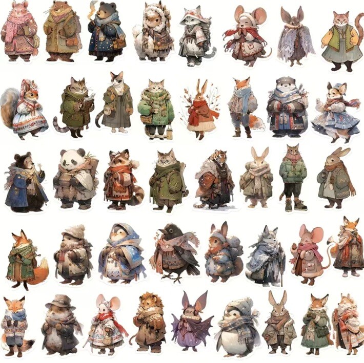 10pcs Winter Animals In Coats Stickers. Scrapbooking, Journaling- Christmas Gift