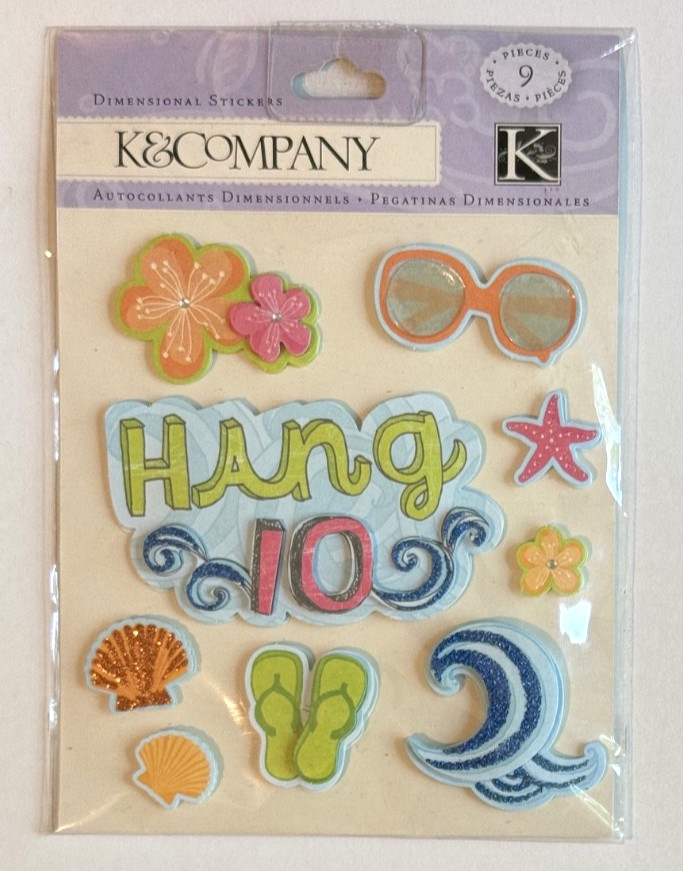 K & Co Beach Bum Dimensional Stickers Wave Sunglasses Flip Flops Hibiscus Shells