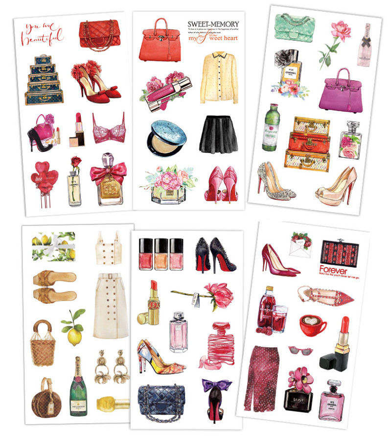 6 Sheets Fashion Accessories Handbags High Heels Perfume Japanese Washi Stickers