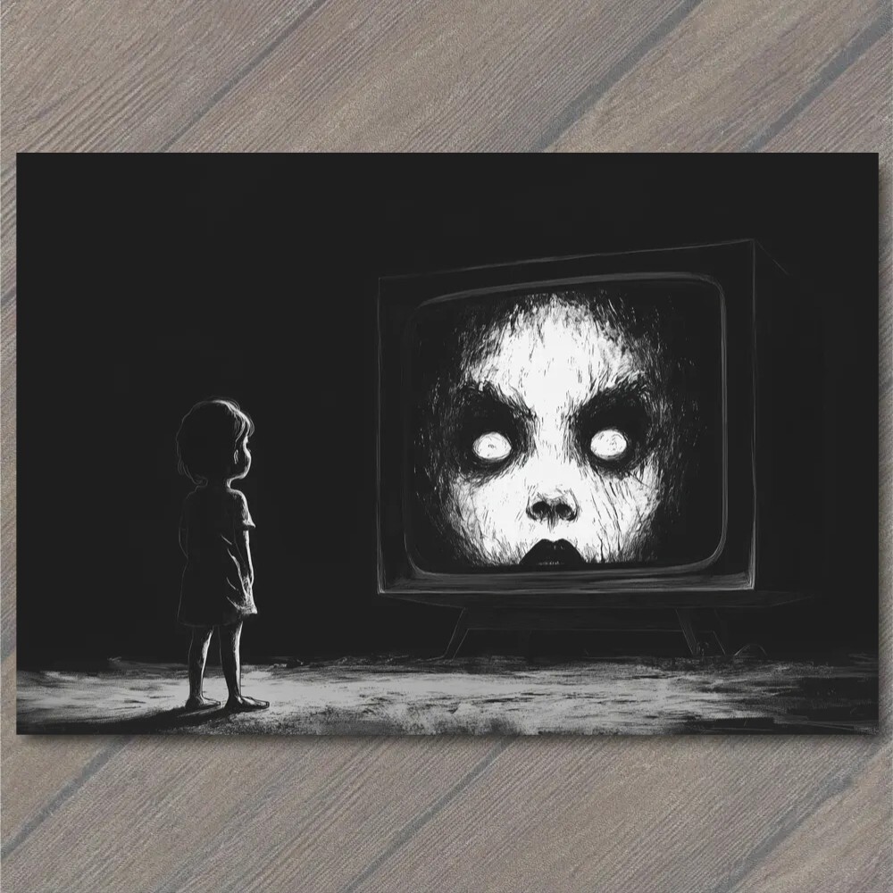 STICKER Girl Staring TV Set Haunted Eyes Look Child Black Horror Creepy Weird