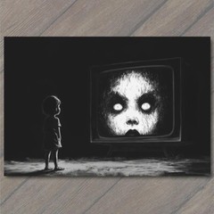 STICKER Girl Staring TV Set Haunted Eyes Look Child Black Horror Creepy Weird