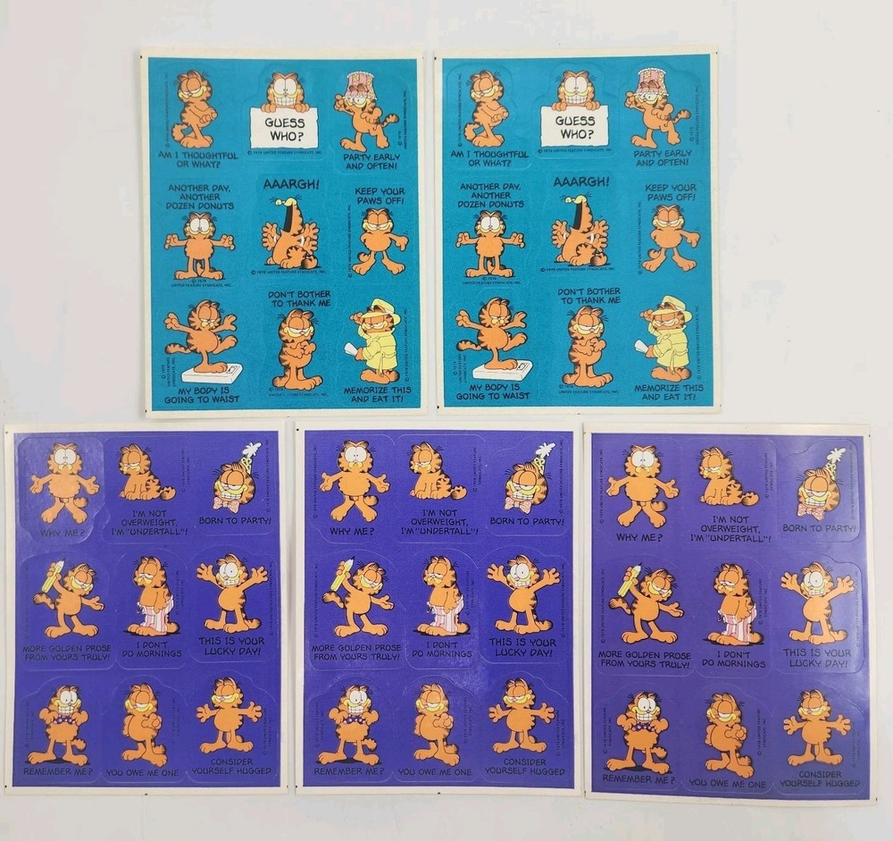 1978 Garfield Cat Stickers Retro Vintage Original 5 Sheets 4 1/2″ x 6″ NOS