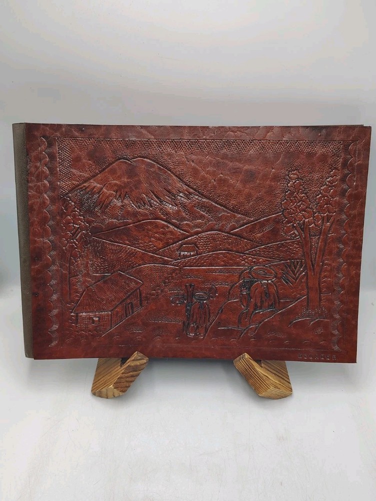 VTG Ecuador Hand Tooled Leather Photo Album Scrapbook 12×9 Landscape Scene