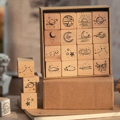 16 Pcs Planet Moon Stars Cloud Wooden Rubber 0.79 x inches, Wood Color