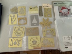 LOT OF 33 SCRAPBOOKING CARD MAKING ENVELOPES, EMBOSSING STENCILS, BUTTONS