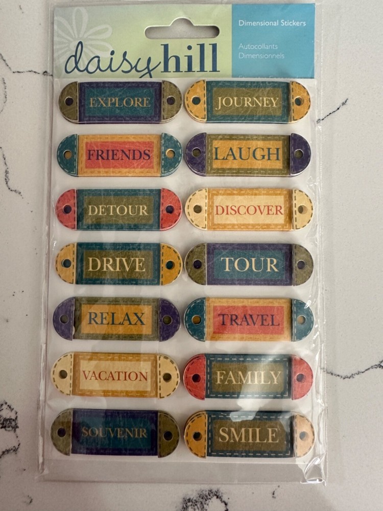 Daisy Hill Dimensional Travel Word Tags 14PC Relax Tour Laugh Drive Scrapbooking